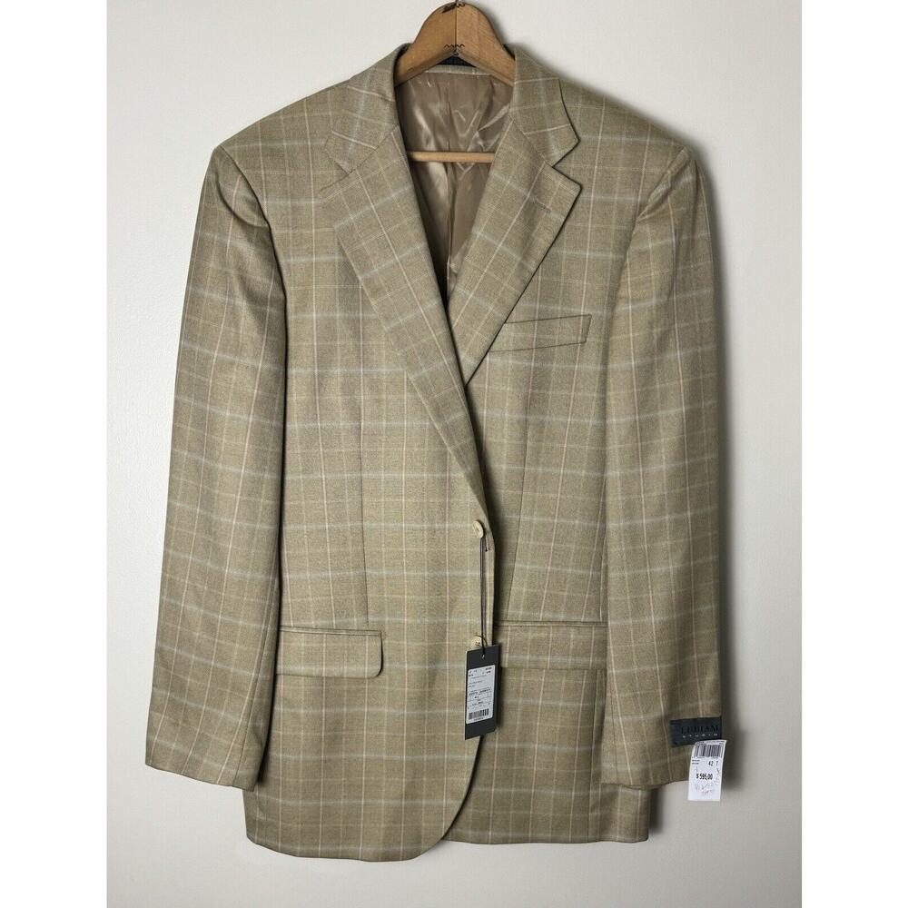 NWT Lubiam Studio Tan Windowpane Plaid Wool &‎ Silk Blazer Jacket Size US 42L
